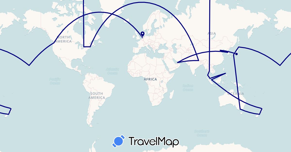 TravelMap itinerary: driving in United Arab Emirates, Australia, Canada, China, Japan, South Korea, Malaysia, Netherlands, Nepal, New Zealand, Philippines, Singapore, Thailand, United States (Asia, Europe, North America, Oceania)